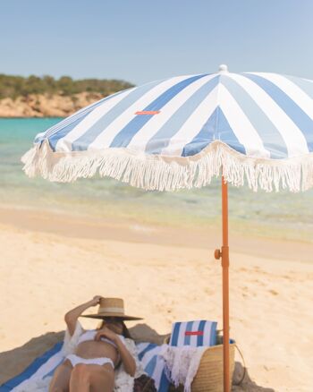 Parasol de terrasse extérieur bleu, parasol de plage UPF 50+ Protection larges rayures 5