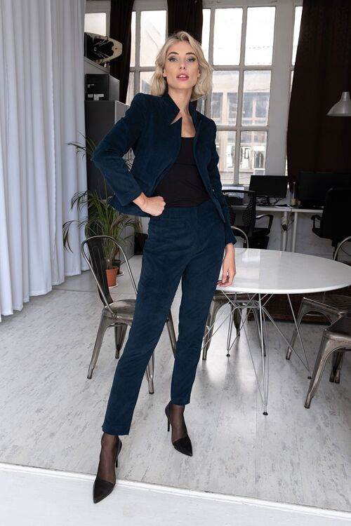 PETROL BLUE DOUBLE PLEATED SKINNY TROUSERS