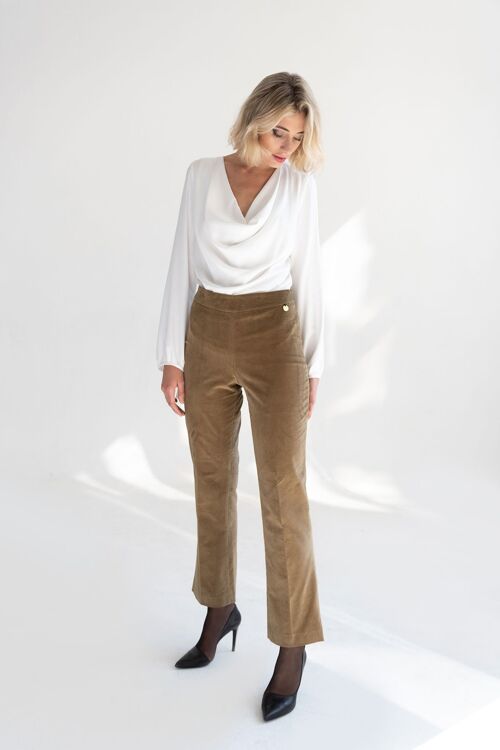 TAN YOKE FLARED TROUSERS