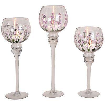 Windlicht Set Kelch auf Fuß Lavendel Transparent 3er Set,  30, 35, 40 cm x Ø13cm