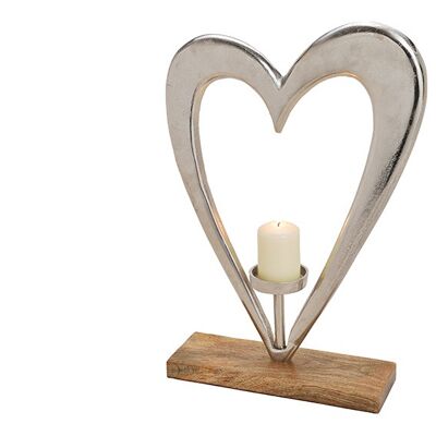 Aufsteller Herz mit Kerzenhalter aus Metall auf Mangoholz Sockel Silber, braun (B/H/T) 35x51x10cm