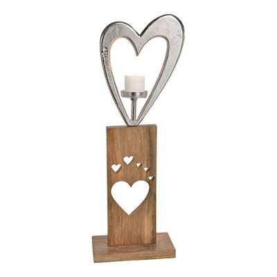 Aufsteller Herz mit Kerzenhalter aus Metall auf Mangoholz Stander Silber, brown (B/H/T) 25x73x13cm