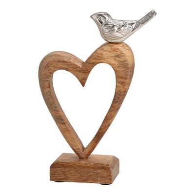 Aufsteller Herz aus Mangoholz mit Metall Vogel  Braun, silber (B/H/T) 15x22x5cm