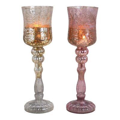 Windlicht Kelch aus Glas Champagner, Pink 2-fach, (B/H/T) 11x38x11cm