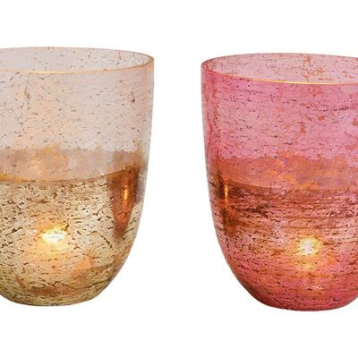 Windlicht aus Glas Champagner, pink 2-fach, (B/H/T) 15x18x15cm