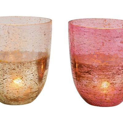 Windlicht aus Glas Champagner, pink 2-fach, (B/H/T) 15x18x15cm