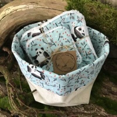 Lingettes lavables avec panier – Panda bleu