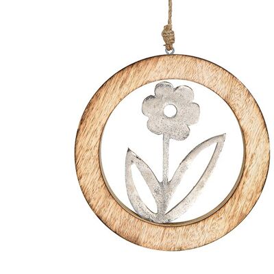 Hänger Blume aus Metall im Mangoholzkreis Silber, braun (B/H/T) 20x20x2cm