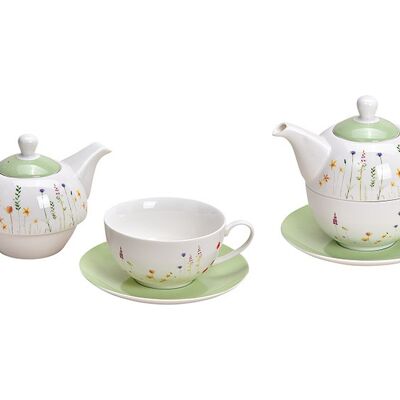 Teekannen Set Blumendekor aus Porzellan Weiß 3er Set, (B/H/T) 16x15x15cm 450ml, Tasse, 200ml