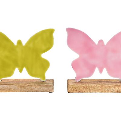 Aufstellter Schmetterling aus Metall auf  Mangoholz Sockel Pink/Rosa, grün 2-fach, (B/H/T) 20x19x5cm