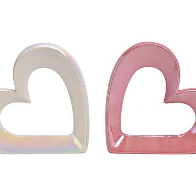 Herz glänzend aus Keramik Weiß, pink 2-fach, (B/H/T) 23x22x5cm