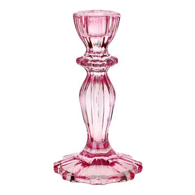 Bougeoir en verre rose, décor printanier