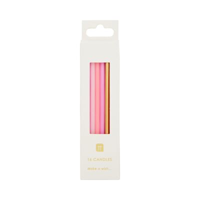 Candele di compleanno lunghe rosa e oro - Confezione da 16