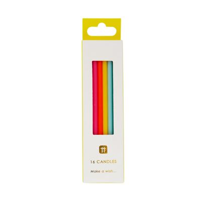 Longues bougies d'anniversaire aux couleurs de l'arc-en-ciel - Paquet de 16