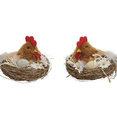 Hahn in Nest aus Federn/Textil/Gras, 2-fach sortiert, B10 x T10 x H7 cm