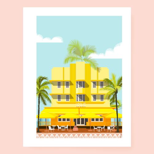 Affiche Leslie Hotel Miami Art Déco South Beach Miami Floride, vintage format  A4