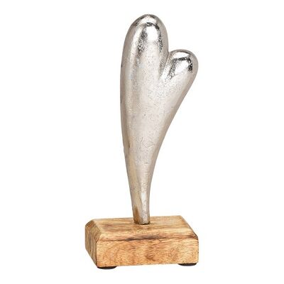 Aufsteller Herz aus Alu auf Mangoholz Sockel Silber (B/H/T) 8x18x5cm