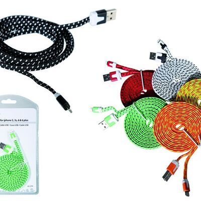 USB Kabel mit Textilummantelung für iPhone Bunt 6-fach, (B) 200cm, in Blisterpackung zum Aufhängen