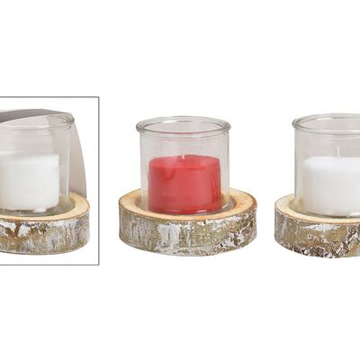 Windlicht Set, 3 in one, Glas 13x13cm Wooden Sockel, 16x4x16cm, Kerze 8,8x6cm aus Glas Weiß, Rot, 2-fach, (B/H/T) 15x16x15cm