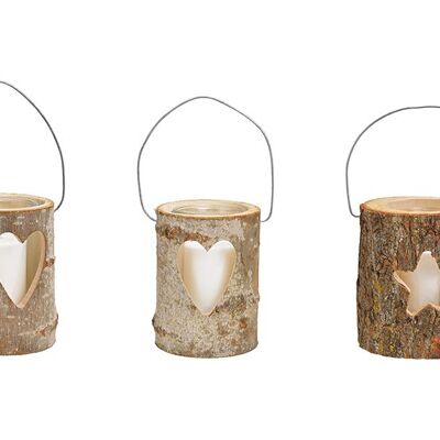 Latern, Herz, Stern Dekor, mit Glas, Kerze Glas 10x13cm, Kerze 6,5x8cm aus Holz Braun, 2-fach, (B/H/T) 16x18x16cm
