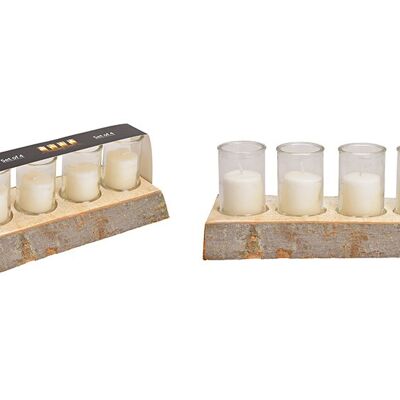 Windlicht Set, 4er auf Holz Sockel  29x12x4cm, Glas 6x8,5cm, Kerze 4,3x4,8cm Champagner (B/H/T) 29x14x12cm