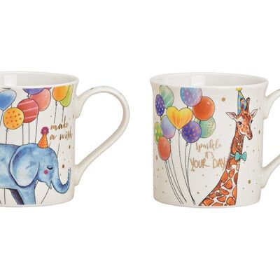 Becher Birthday Giraffe, Elephant aus Porzellan Bunt 2-fach, (B/H/T) 12x9x8cm 300ml