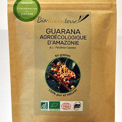 Bolsa ecológica de 50g de semillas de guaraná liana orgánicas certificadas Ecocert y Agro Ecología Amazónica