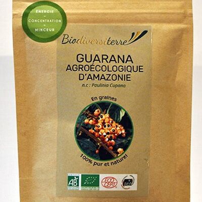 Bolsa ecológica de 50g de semillas de guaraná liana orgánicas certificadas Ecocert y Agro Ecología Amazónica