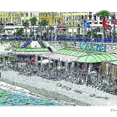Kunstpostkarte - Nizza - Strand von Castel
