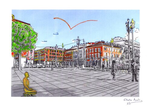 Carte Postale d'Art - Nice - Place Massena & sculptures de Plensa