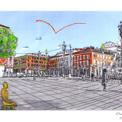 Kunstpostkarte - Nizza - Place Massena & Plensa Skulpturen