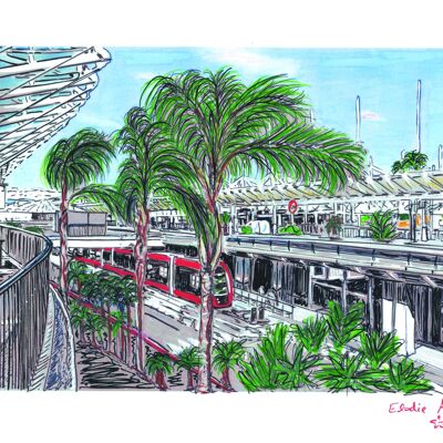 Kunstpostkarte - Nizza - Die Straßenbahn & der Flughafen