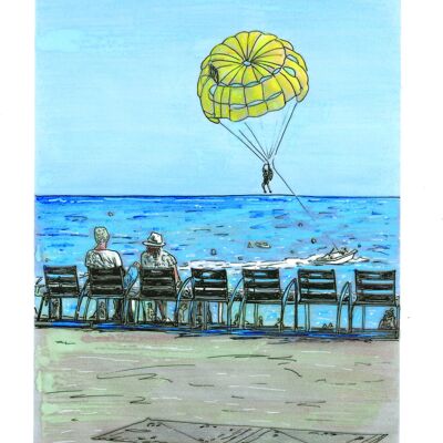 Kunstpostkarte - Nizza - Fallschirm auf der Promenade