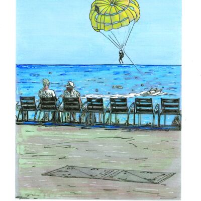 Kunstpostkarte - Nizza - Fallschirm auf der Promenade