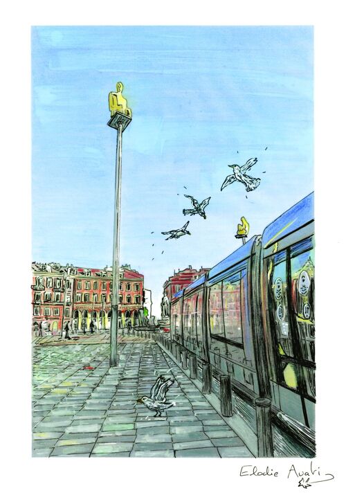 Affiche d'Art - Nice - Reflets de Tram - Place Massena