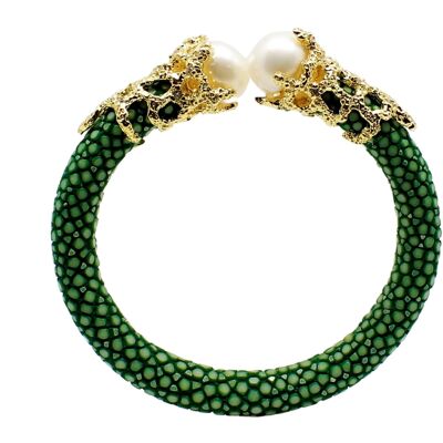 Pulsera Perlas en Galuchat verde con perlas