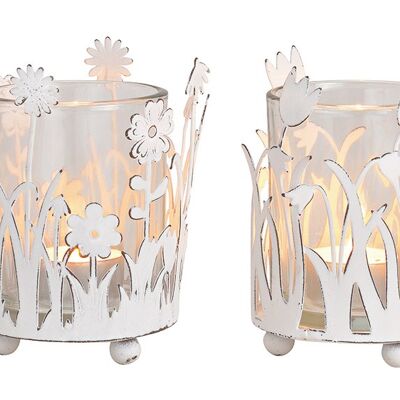 Windlicht Blumen Dekor aus Metall, Glas Weiß 2-fach, (B/H/T) 8x13x8cm