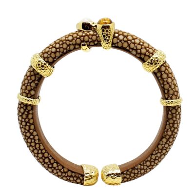 Pulsera estrecha en Galuchat color marrón con madreperla y ojo de tigre