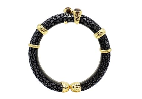 Pulsera estrecha en piel de Galuchat color negro con labradorita y madreperla