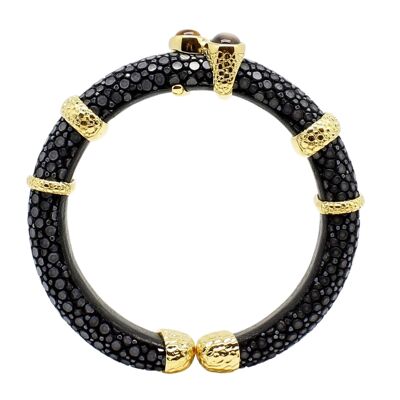 Pulsera estrecha en piel de Galuchat color negro con labradorita y madreperla