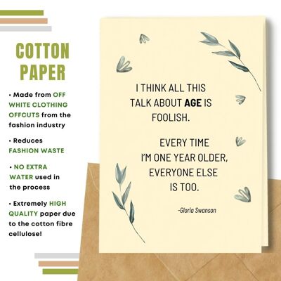 Handmade Eco Friendly Birthday Quote Cards | Sustainable Birthday Cards | Made With Plantable Seed Paper, Banana Paper, Elephant Poo Paper, Coffee Paper and more | Pack of 8 Greeting Cards | Talking About Age Is Foolish