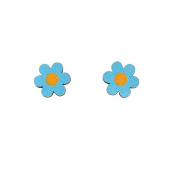 Boucles d'oreilles bleues en bois imprimées numériquement avec clou marguerite midi 1