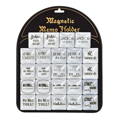 Magnet Sprüche aus Glas Weiß 12-fach, (B/H/T) 4x4x1cm 24 Stk. auf Metall Tafel 22x27x2cm