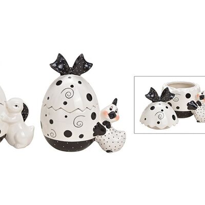 Dose Ei mit Hase, Huhn aus Keramik Weiß, schwarz 2-fach, (B/H/T) 17x20x12cm