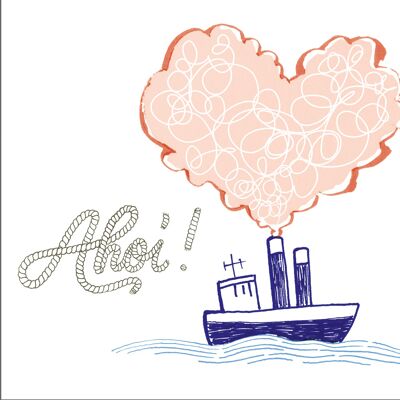 Postcard steamer with heart and Ahoy