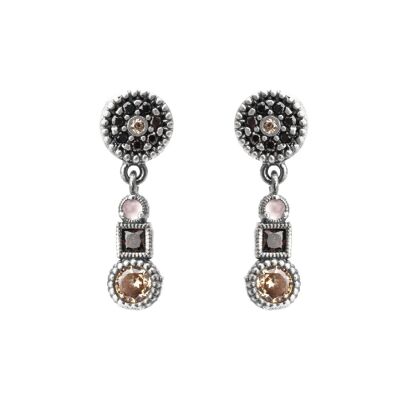 p742 pendientes plata ojo de gato rosa, circonita brown y cava