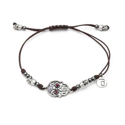 sks151 pulsera plata calavera macrame y granates.