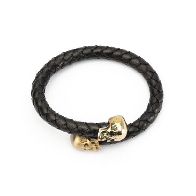 sks163 pulsera calavera cuero y bronce mate, pulido.