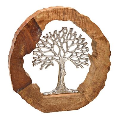 Aufsteller Baum aus Metall in Mangoholz Kreis Braun, Silber (B/H/T) 46x48x7cm