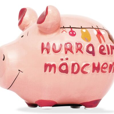 Spardose KCG Kleinschwein, Hurra ein Mädchen!, aus Keramik, Art. 100929 (B/H/T) 12,5x9x9 cm